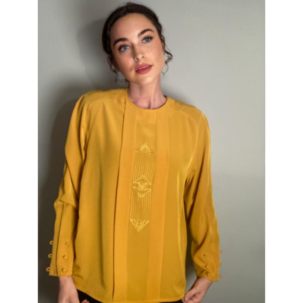 Vintage Goldenrod Embroidered Blouse Elegant Pleats Boho Susan Hutton ~ Sz L